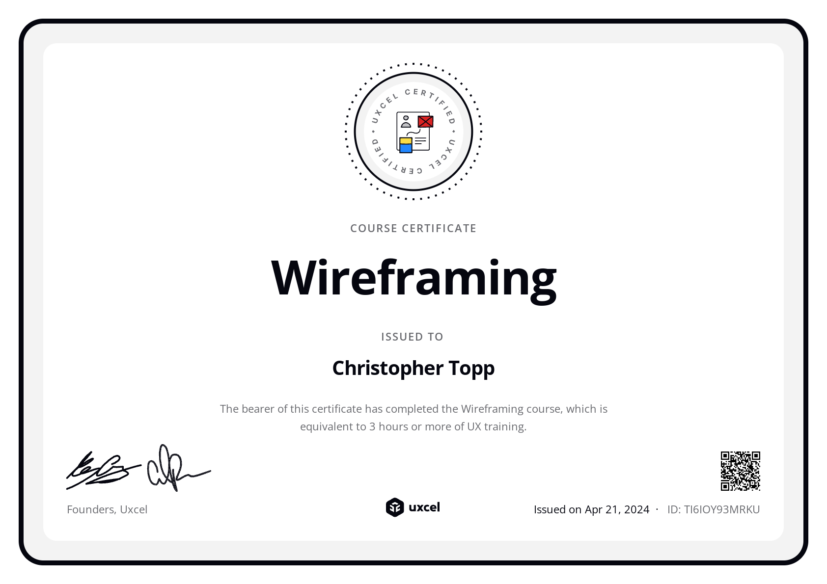 Christopher Topp's certificate
